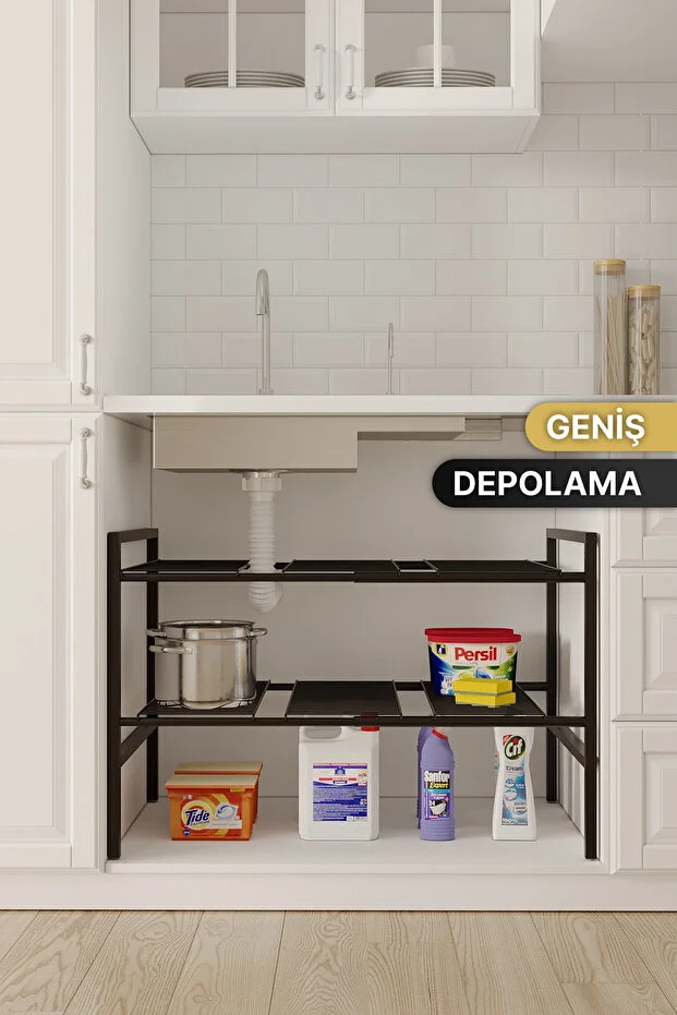 Dolap İçi Tezgah Altı Raf Metal Ayarlanabilir Organizer Mutfak Banyo Çok Amaçlı Düzenleyici